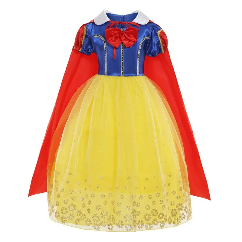 EtherealBe Snow White costume for kids featuring a blue bodice and yellow skirt with red cape