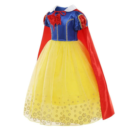 EtherealBe Snow White costume for kids featuring blue and yellow dress with red cape