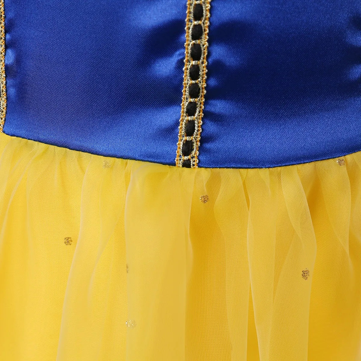 Close-up of the blue bodice and yellow tulle of a Snow White costume for kids with intricate detailing