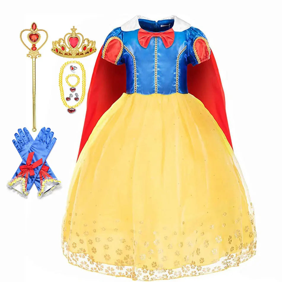 EtherealBe Snow White costume for kids with dress, cape, gloves, crown, and accessories