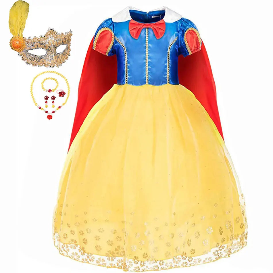 EtherealBe Snow White costume for kids featuring a blue top, yellow skirt, red cape, and accessories