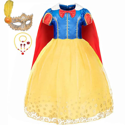 EtherealBe Snow White costume for kids featuring a blue top, yellow skirt, red cape, and accessories