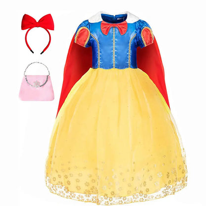 EtherealBe Snow White costume for kids featuring a blue and yellow dress with a red cape and accessories