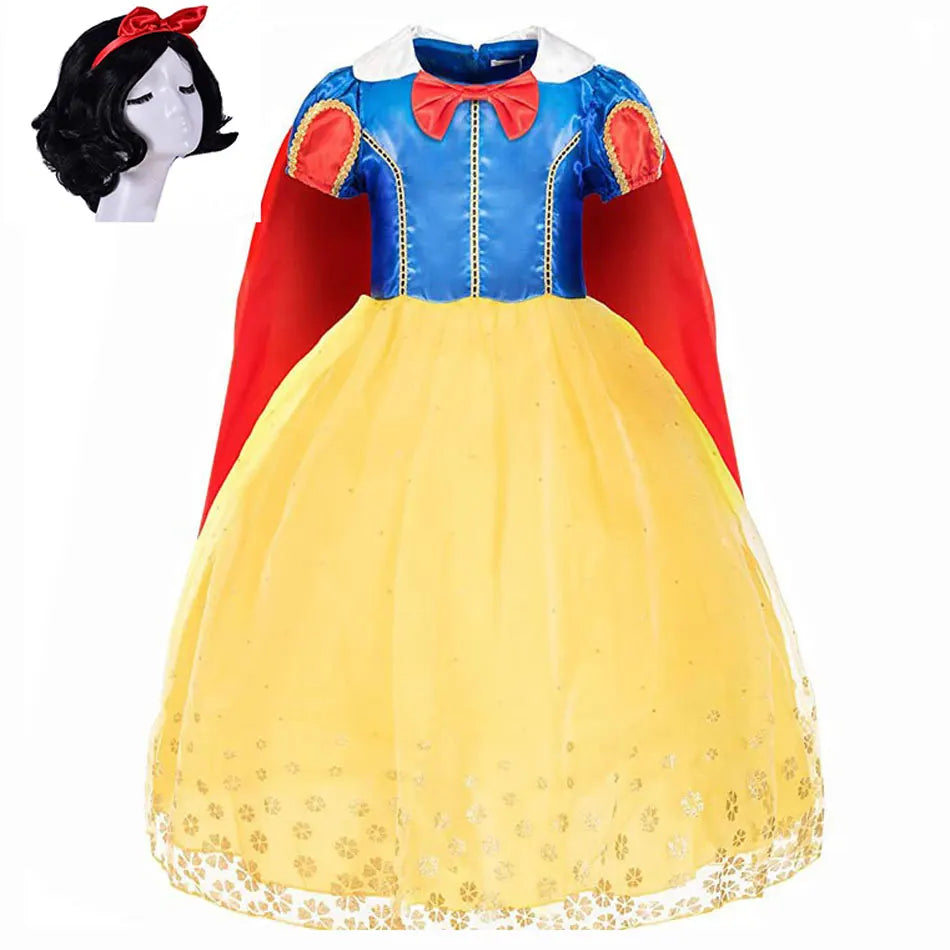 EtherealBe Snow White costume for kids featuring a blue and yellow dress with a red cape and bow