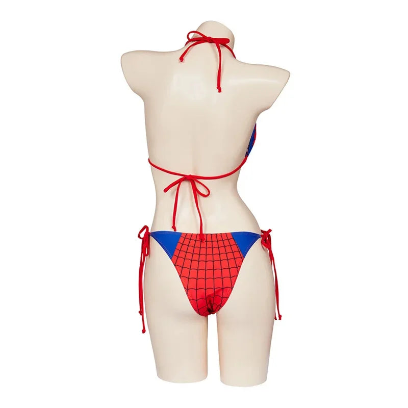 EtherealBe spider web print bikini swimwear featuring red and blue colors with adjustable ties