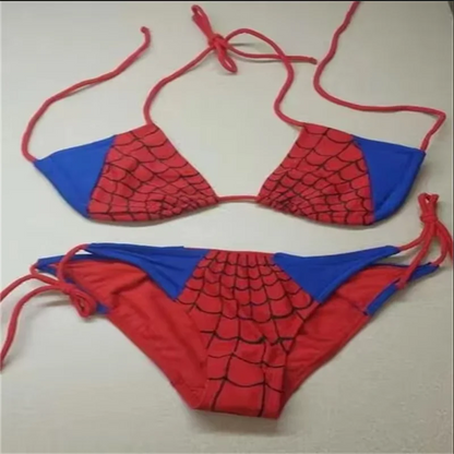EtherealBe spider web print bikini swimwear in red and blue with stylish tie straps
