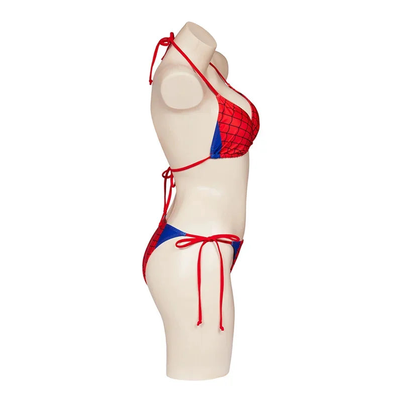 EtherealBe spider web print bikini swimwear in red and blue, featuring adjustable ties for a perfect fit