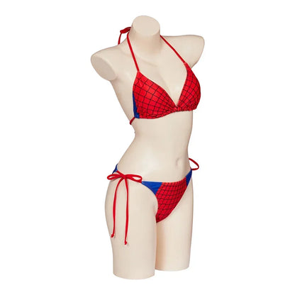 EtherealBe spider web print bikini swimwear in red and blue with adjustable ties