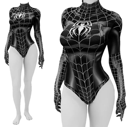 Spider Woman cosplay costume for women in black with web design and long sleeves