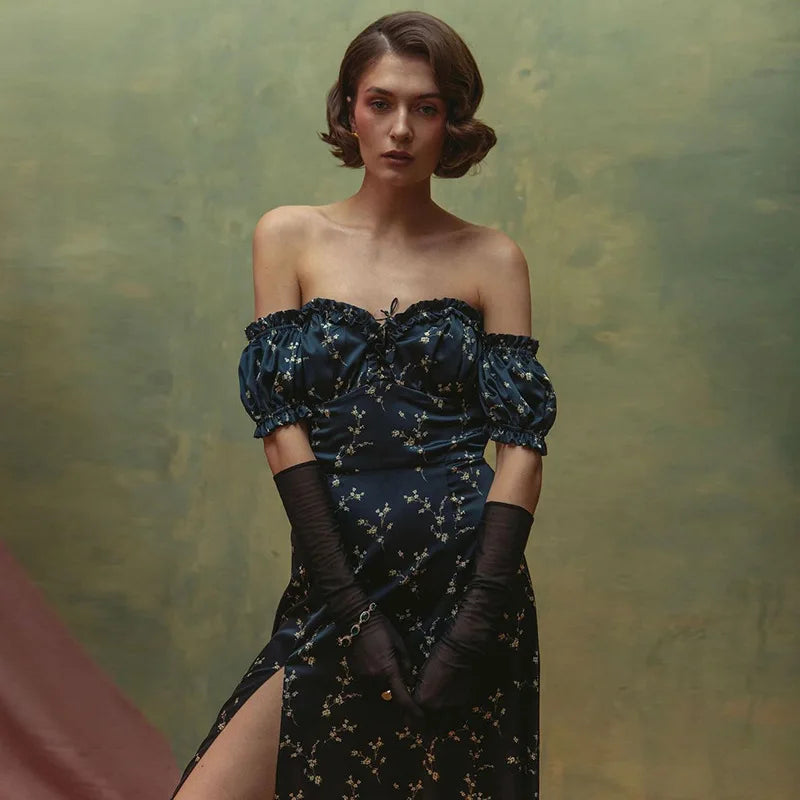 EtherealBe spring summer vestidos for women featuring an elegant off-shoulder design with floral patterns