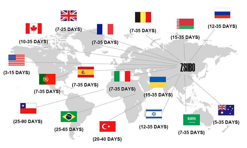 World map showing shipping times for ZSIBO orders across different countries