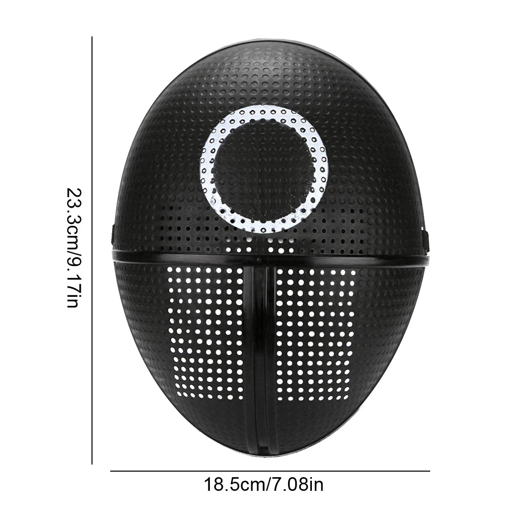Squid game calamari cosplay mask in black with perforated design and circular emblem