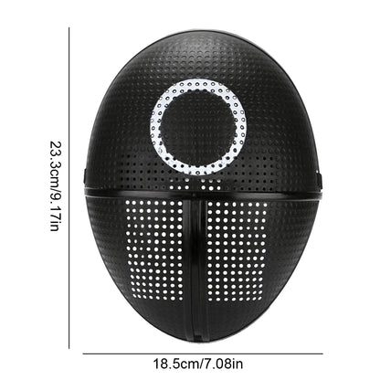 Squid game calamari cosplay mask in black with perforated design and circular emblem