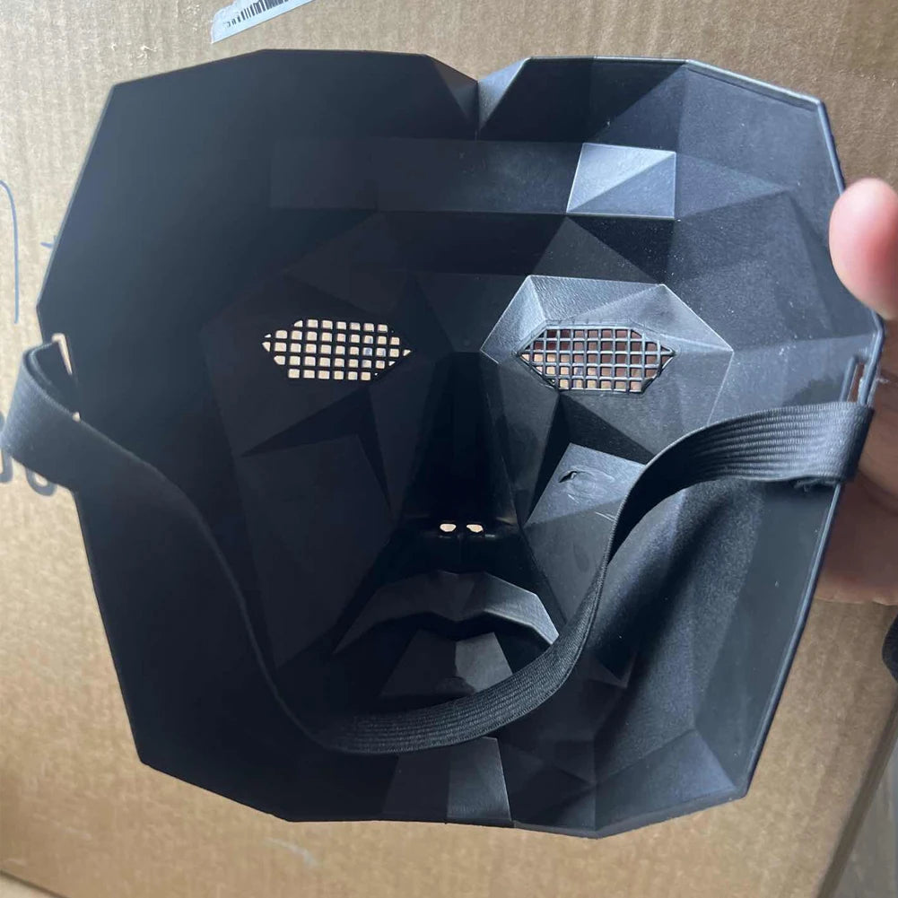 Black Squid Game calamari cosplay mask with geometric design and adjustable strap for costume parties