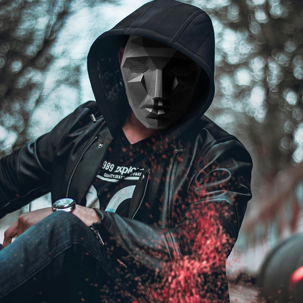 EtherealBe Squid game calamari cosplay mask worn by a person in a hooded jacket outdoors