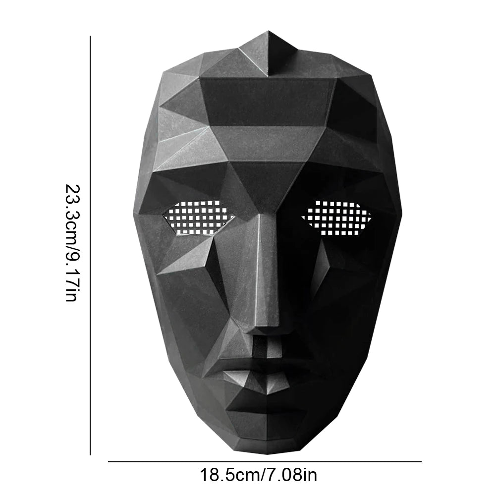 Black geometric Squid Game calamari cosplay mask with detailed ventilation for authentic costume use