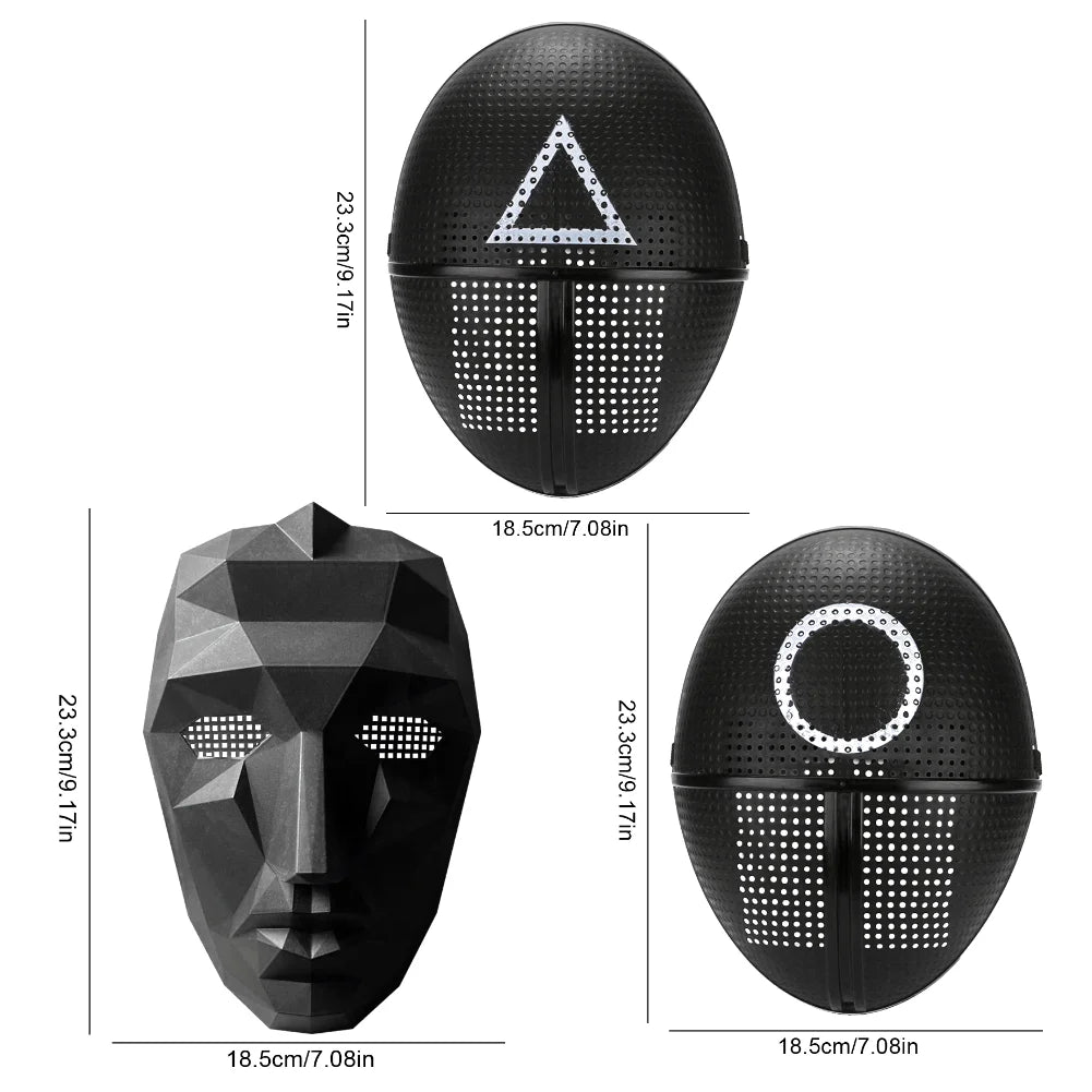EtherealBe Squid Game Calamari Cosplay Mask in three styles, perfect for Halloween costumes and themed parties