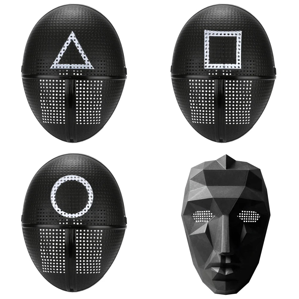 EtherealBe Squid game calamari cosplay mask set featuring triangle, square, and circle designs