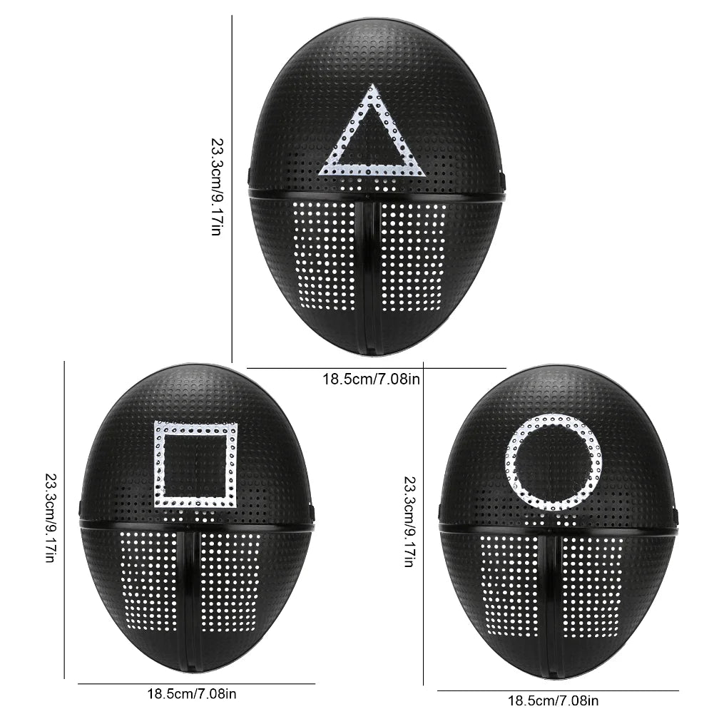 EtherealBe Squid Game Calamari Cosplay Mask featuring triangle, square, and circle designs