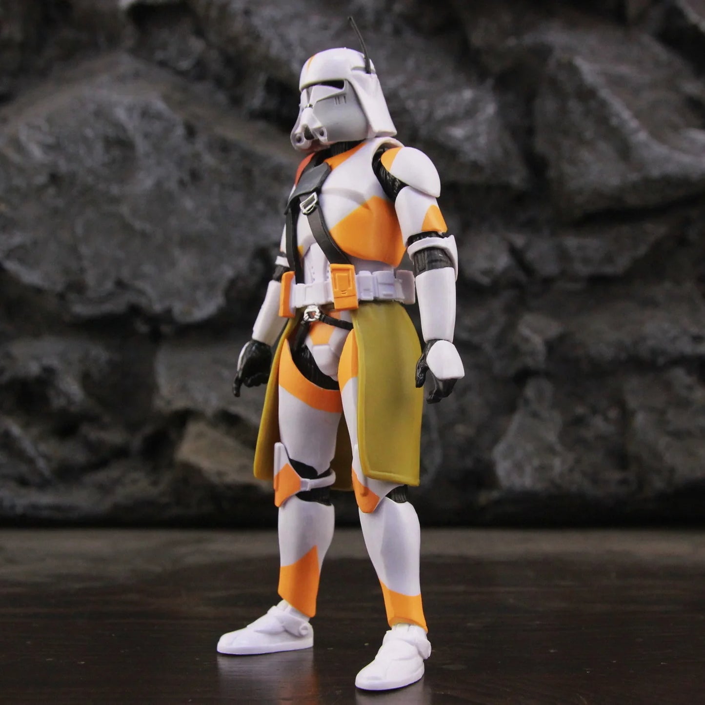EtherealBe Star Wars 212th Clone Trooper action figure in orange and white armor, standing on display