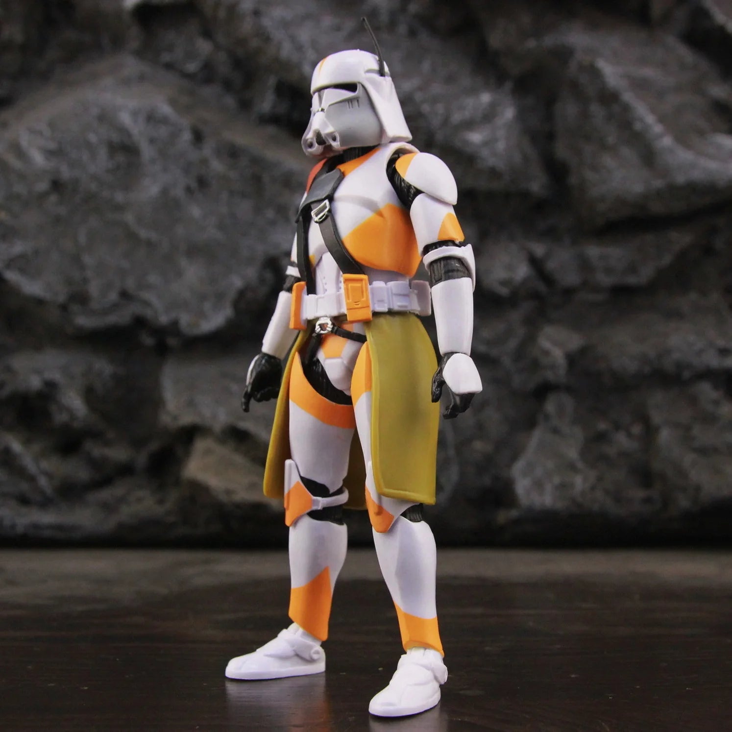 EtherealBe Star Wars 212th Clone Trooper action figure in orange and white armor, standing on display