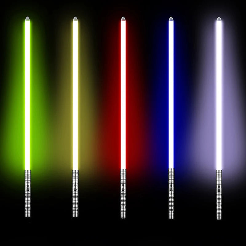 Colorful collection of Star Wars cosplay saber toys featuring multiple blade colors and metallic handles