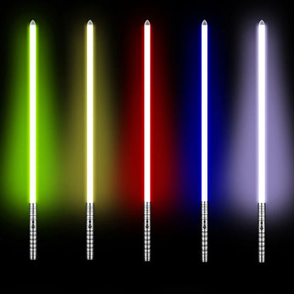 Colorful collection of Star Wars cosplay saber toys featuring multiple blade colors and metallic handles