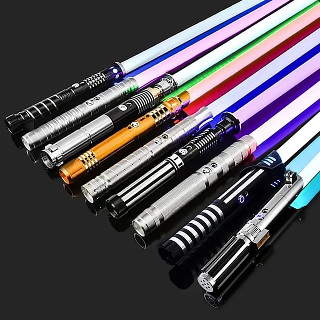 Collection of Star Wars cosplay saber toys with colorful LED blades and detailed designs