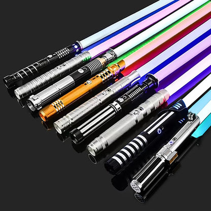 Collection of Star Wars cosplay saber toys with colorful LED blades and detailed designs
