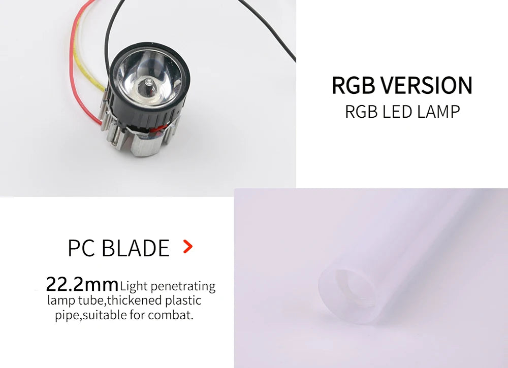 RGB LED lamp and PC blade for Star Wars cosplay saber toy, featuring thickened plastic pipe for combat.