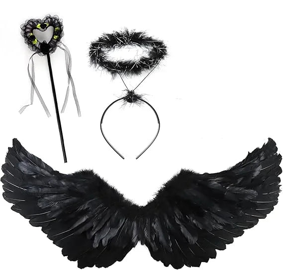 EtherealBe black feather wings with matching black halo and heart wand adult fairy wand and halo costume set
