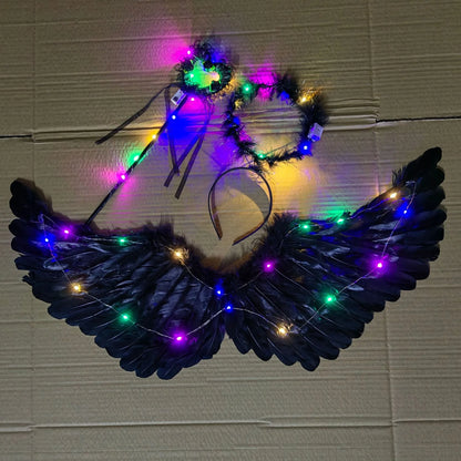 EtherealBe adult fairy wand and halo costume set black multicolor LED feather wings with lighted halo headband and wand