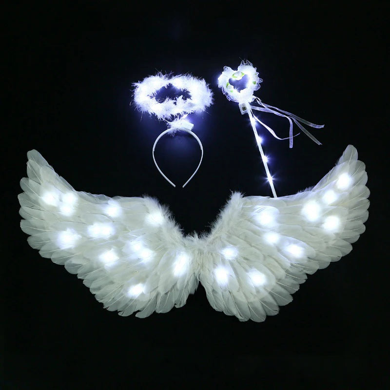 EtherealBe adult fairy wand and halo costume set white LED feather wings halo headband and wand with ribbons