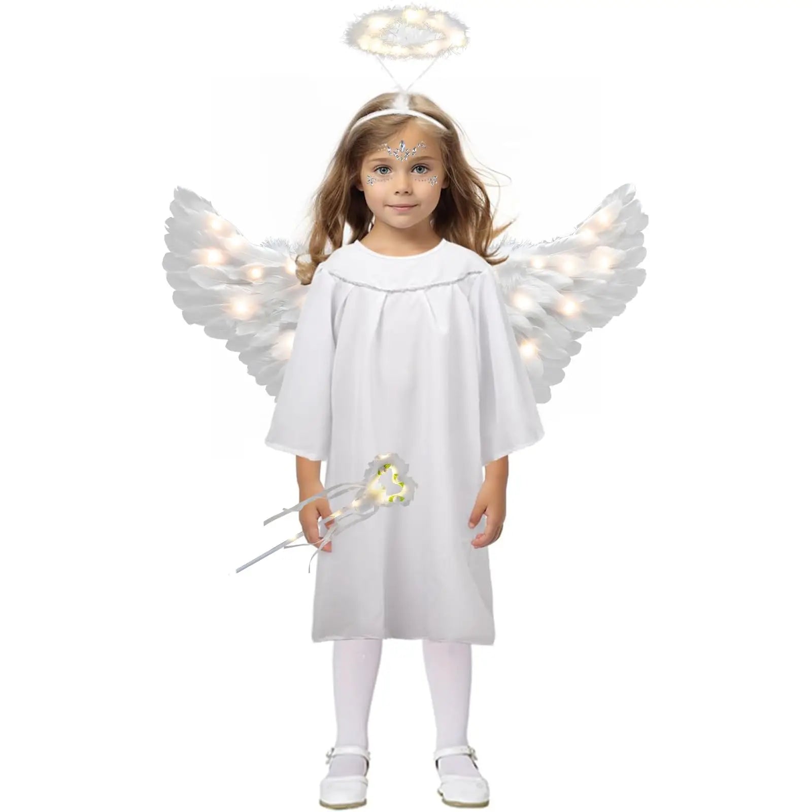 Young child wearing adult fairy wand and halo costume set with lighted white wings and dress