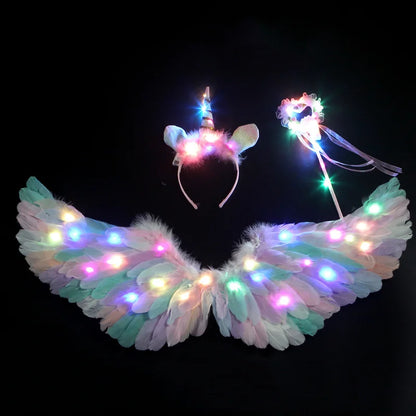 Light up pastel feather wings with unicorn horn headband and wand adult fairy wand and halo costume set
