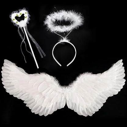 White feather wings with halo headband and heart wand adult fairy wand and halo costume set