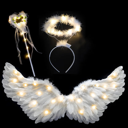 EtherealBe adult fairy wand and halo costume set with illuminated white feather wings halo headband and ribboned LED wand