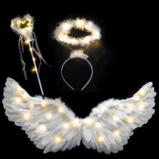 EtherealBe adult fairy wand and halo costume set with illuminated white feather wings halo headband and ribboned LED wand