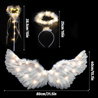 EtherealBe adult fairy wand and halo costume set white LED feather wings halo headband and lighted heart ribbon wand