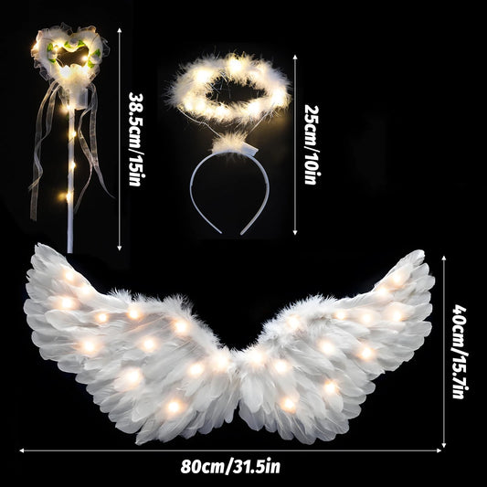 EtherealBe adult fairy wand and halo costume set white LED feather wings halo headband and lighted heart ribbon wand