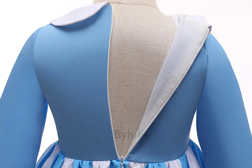 kids Alice in Wonderland costume back view on mannequin showing blue long sleeve dress open zipper and white collar