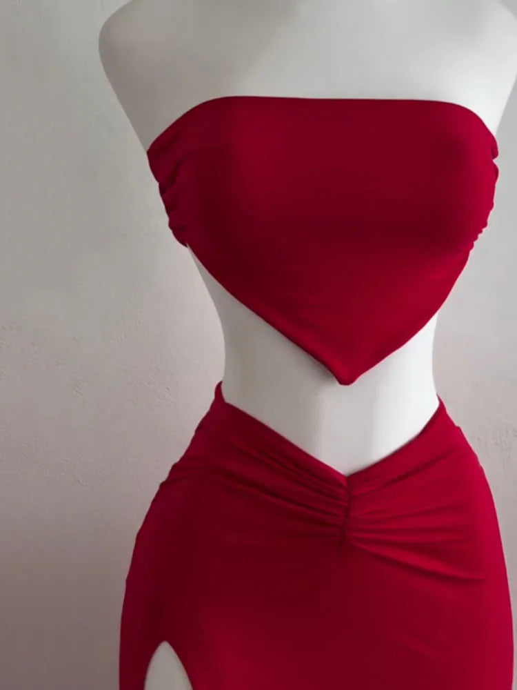 EtherealBe strapless backless two piece set in vibrant red with stylish cutout details