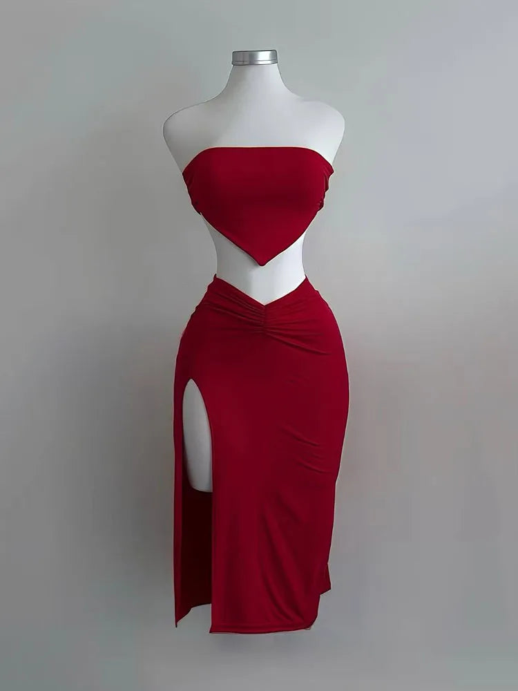 EtherealBe strapless backless two piece set in red with a chic design and side slit