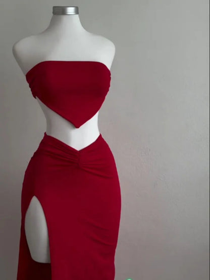 EtherealBe strapless backless two piece set in red featuring a stylish top and high-slit skirt