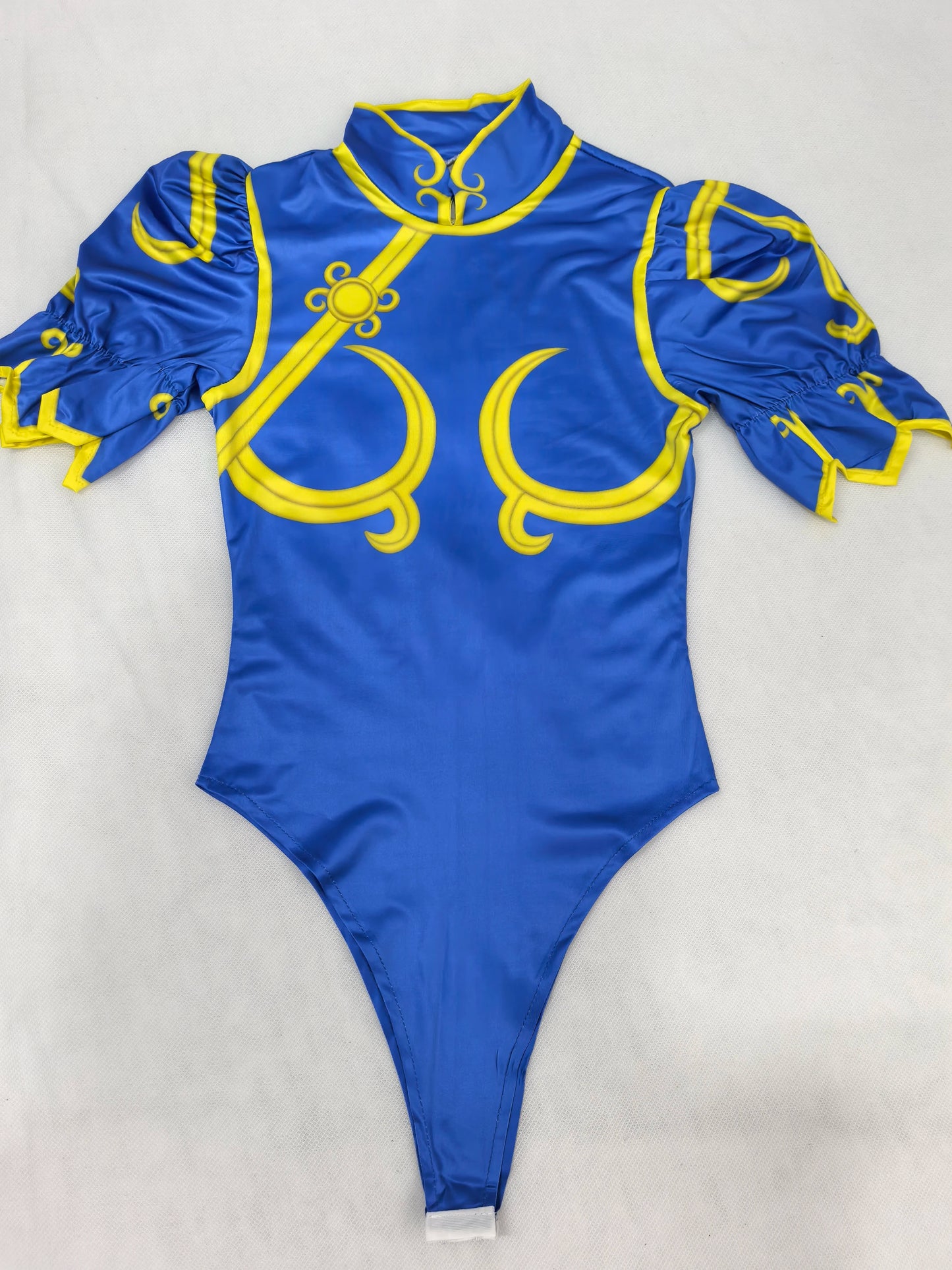 EtherealBe Street Fighter Chun Li Halloween outfit in blue with yellow details and puff sleeves