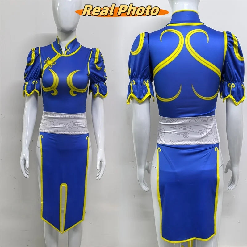 Street Fighter Chun Li Halloween outfit in blue and yellow with puffed sleeves and elegant design