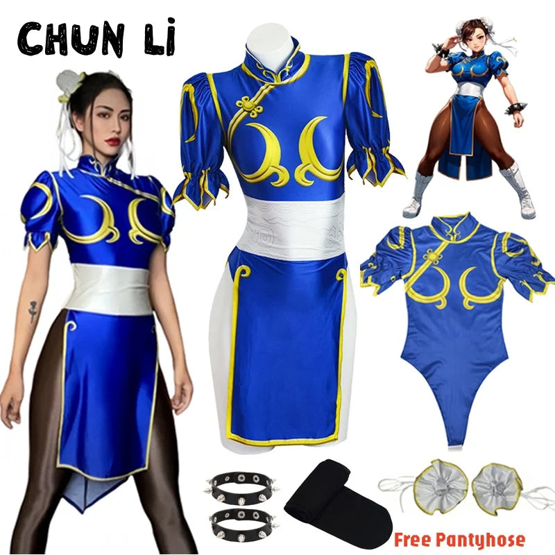 EtherealBe Street Fighter Chun Li Halloween outfit with blue dress, puff sleeves, and accessories