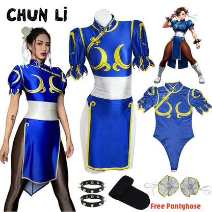EtherealBe Street Fighter Chun Li Halloween outfit with blue dress, puff sleeves, and accessories