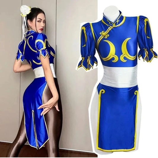 EtherealBe Street Fighter Chun Li Halloween outfit in blue with yellow accents and traditional design