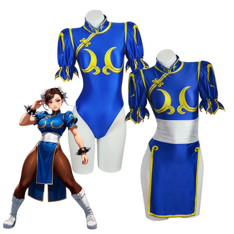 EtherealBe Street Fighter Chun Li Halloween outfit in blue with puffed sleeves and gold accents
